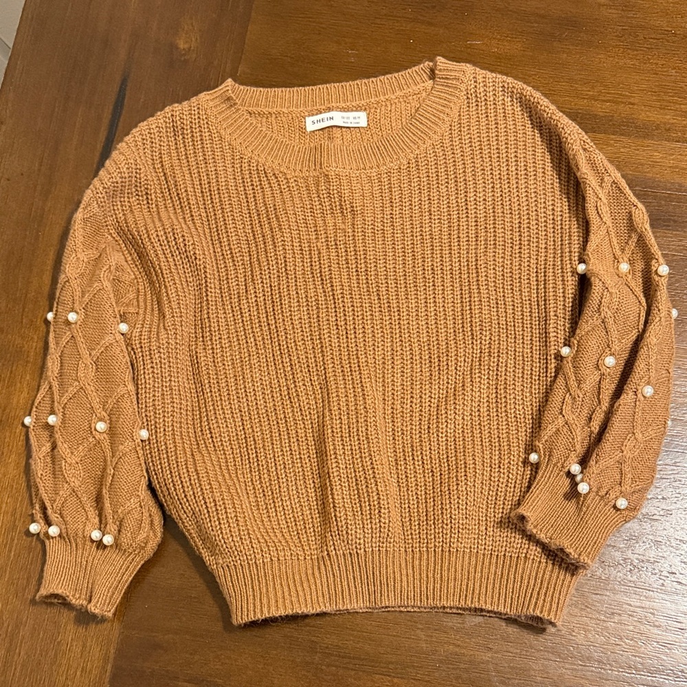 SHEIN Tan Sweater with Pearl Accents